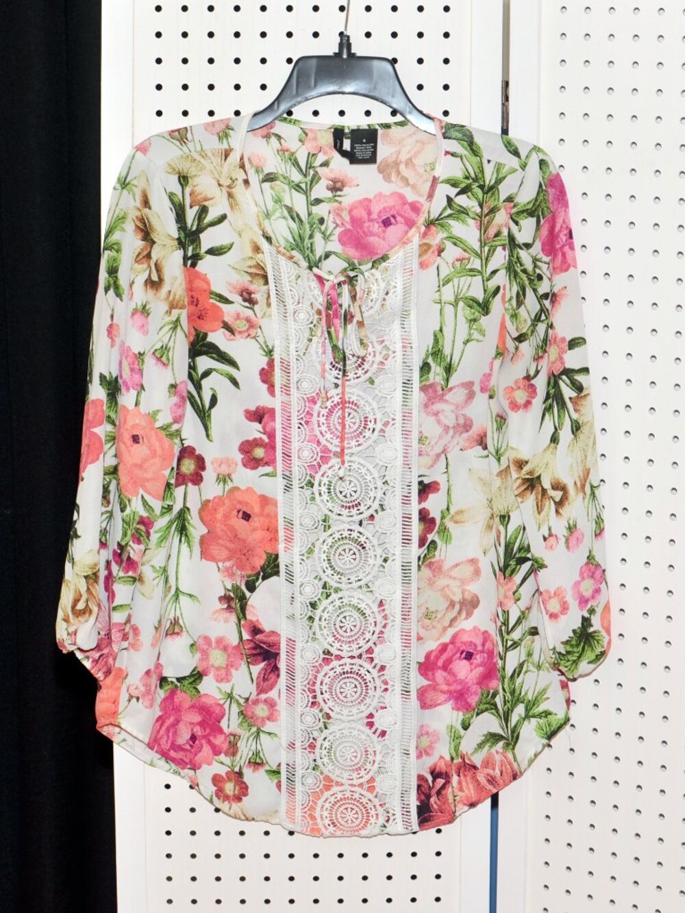 New Directions Boho Floral Lace Trim Peasant Blouse Botanical Boho Top Small